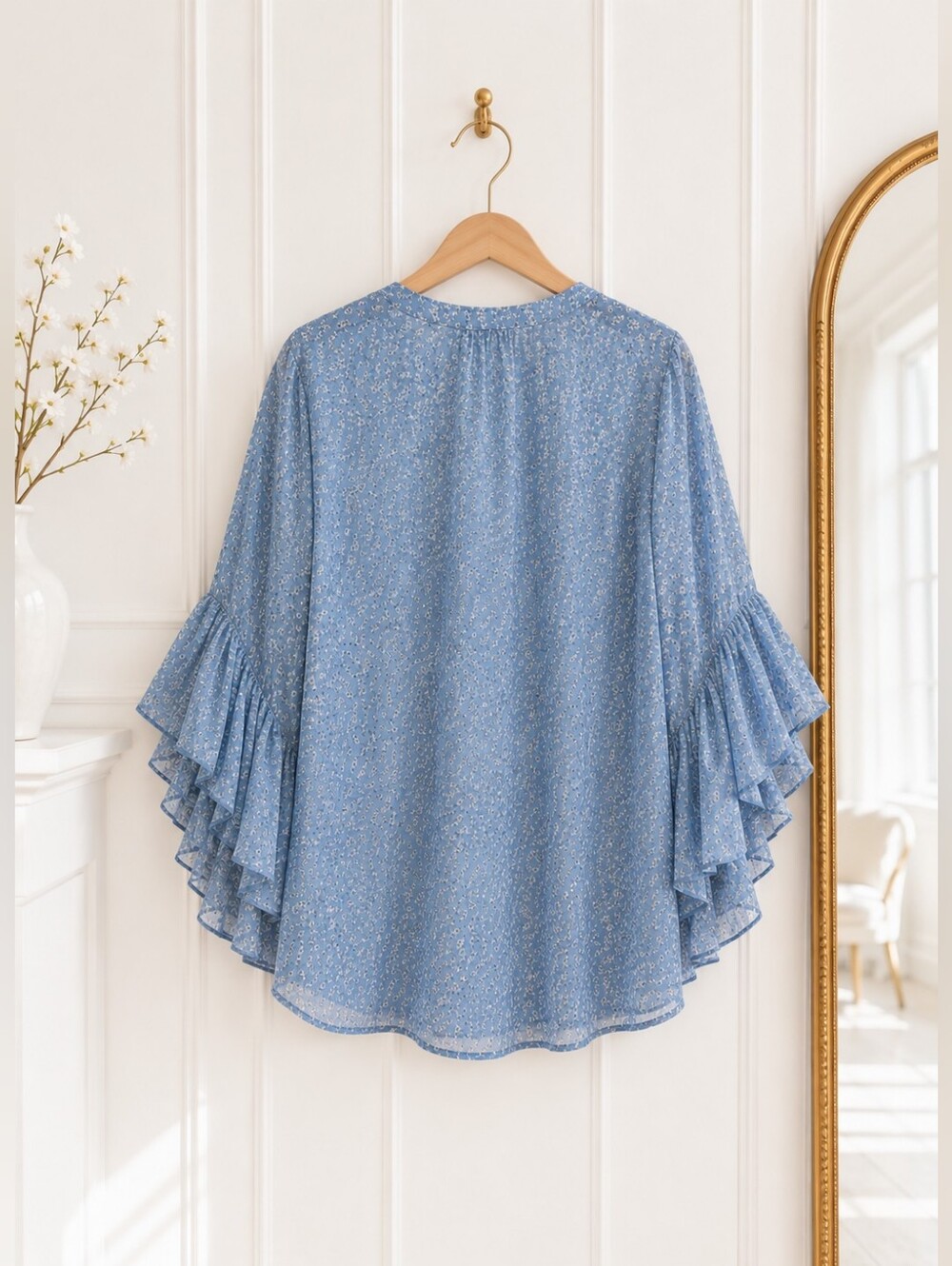 Timeson Blue Floral Ruffle Bell Sleeve Split Neck Blouse Size XXL Boho Romantic - Picture 6 of 8